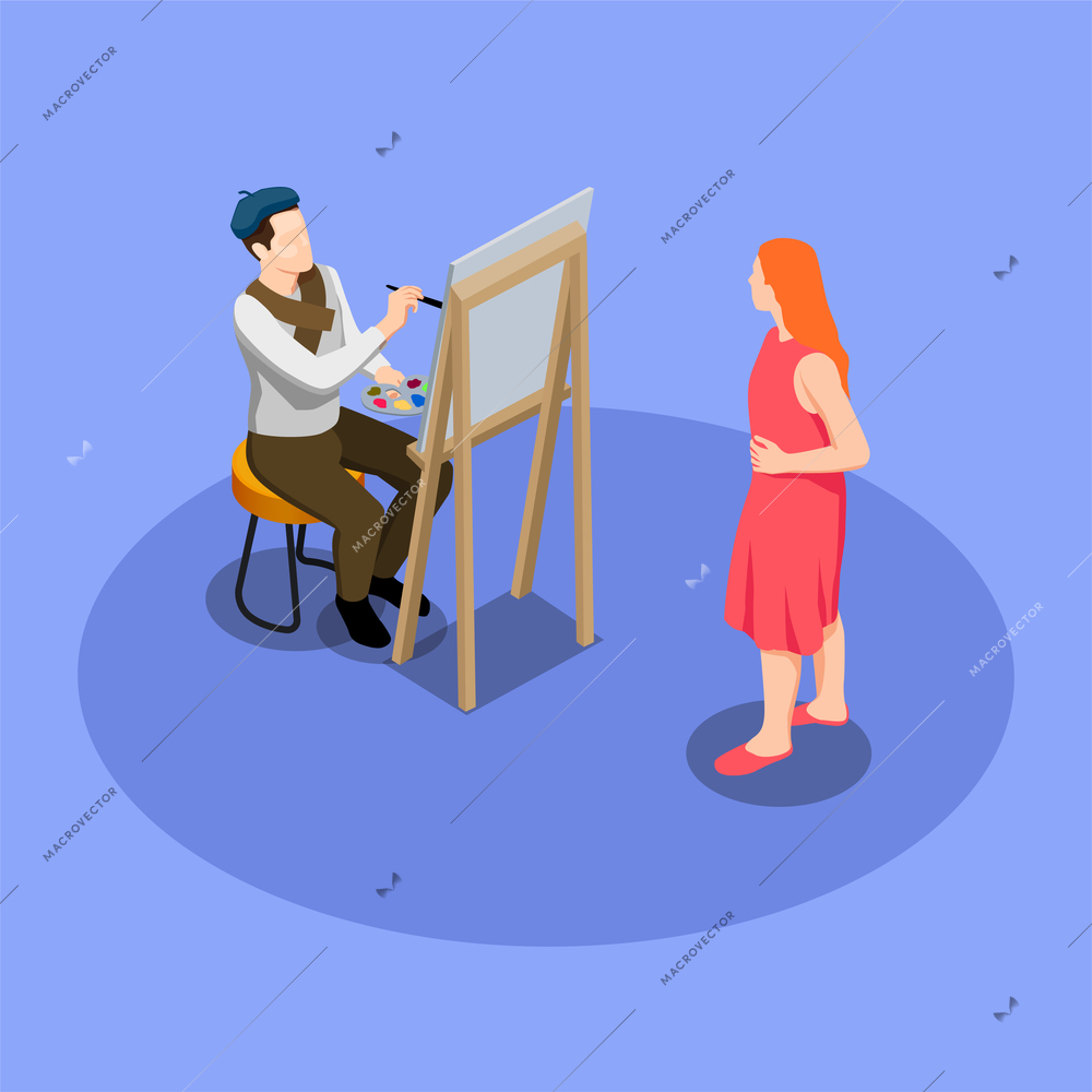 Street artist during painting of portrait of woman in red isometric composition on blue background vector illustration