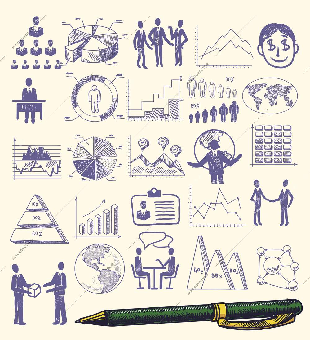 Sketch business organization management concept icons set with hand drawn pen isolated vector illustration