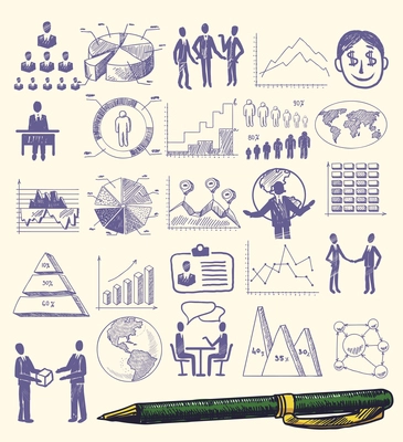 Sketch business organization management concept icons set with hand drawn pen isolated vector illustration