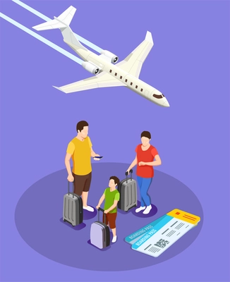 Traveling people with luggage and boarding passes isometric composition with plane on violet background vector illustration