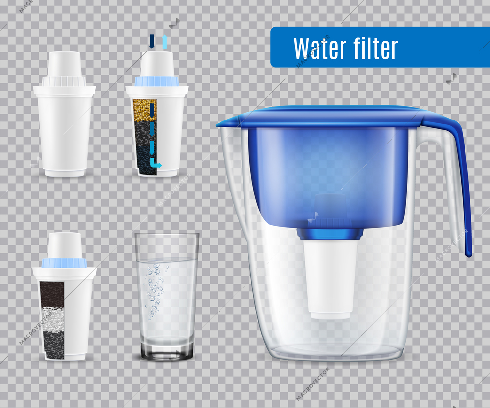 Household water filter pitcher with 3  replacement carbon cartridges and full glass realistic set transparent vector illustration