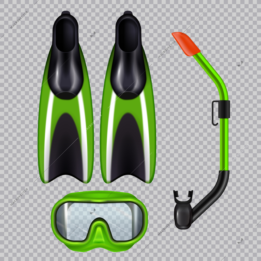 Diving accessories realistic set with snorkel breathing tube mask and flippers  green on transparent background vector illustration