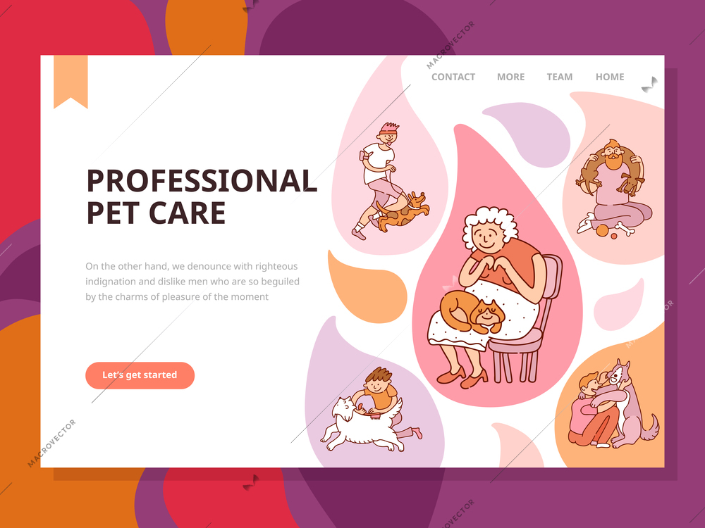 Professional pet care page with grooming and games symbols flat vector illustration