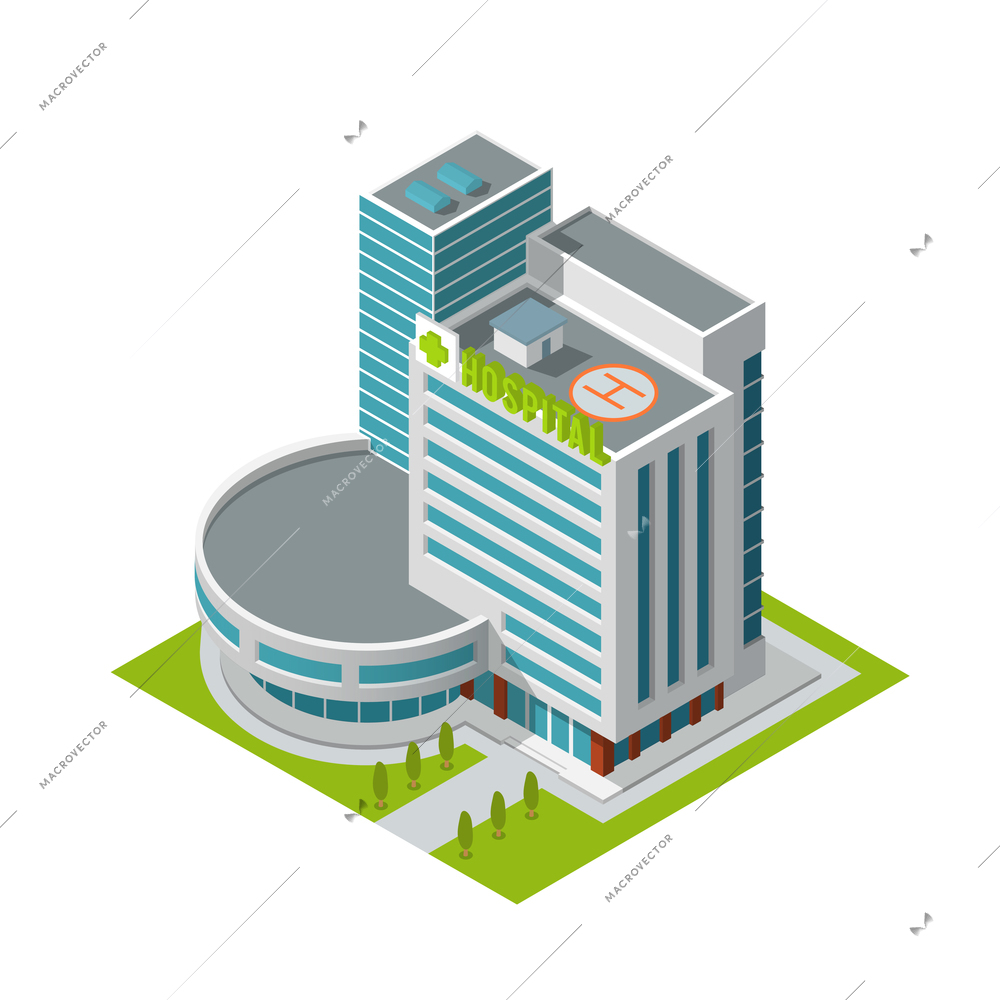 Modern 3d urban hospital building with helipad on the roof isometric isolated vector illustration