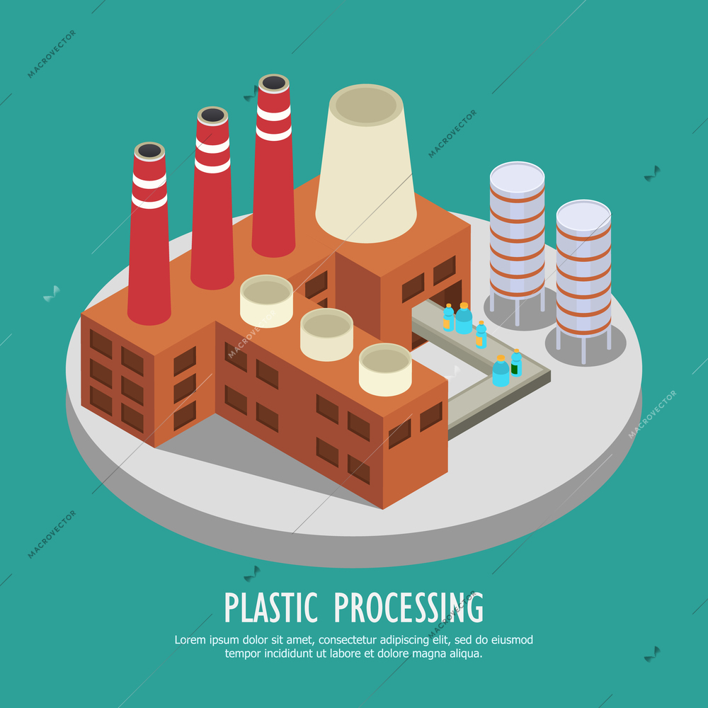 Drastic plastic isometric background with images of factory building and water bottles on continuous belt vector illustration