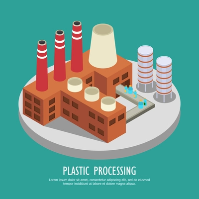 Drastic plastic isometric background with images of factory building and water bottles on continuous belt vector illustration