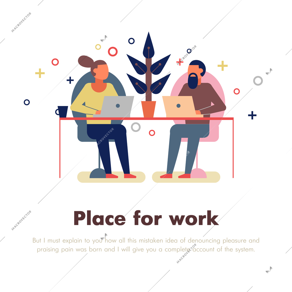 Coworking people with place for work and laptop symbols flat vector Illustration