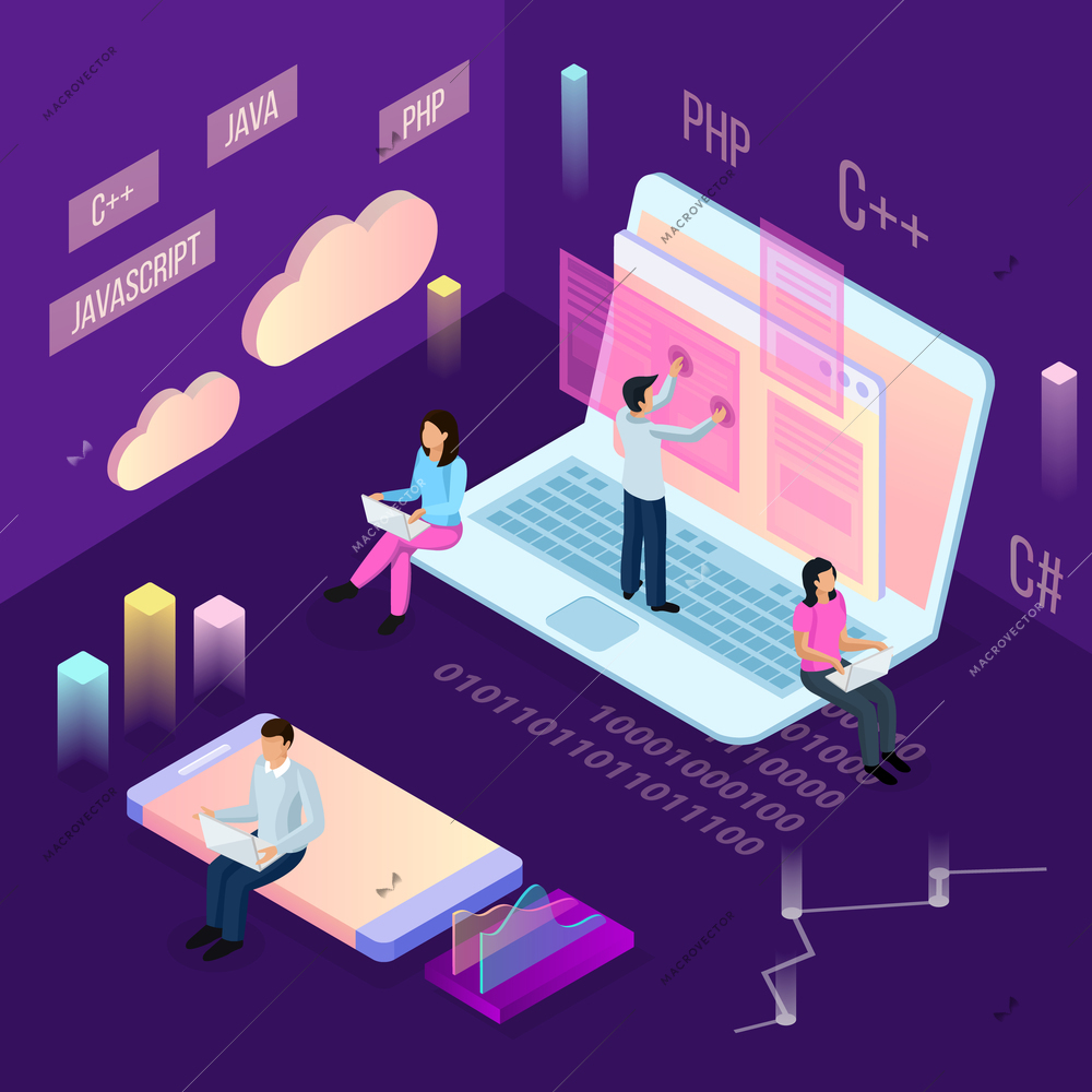 Freelance programming isometric composition with people and conceptual cloud computing icons with financial images and human characters vector illustration