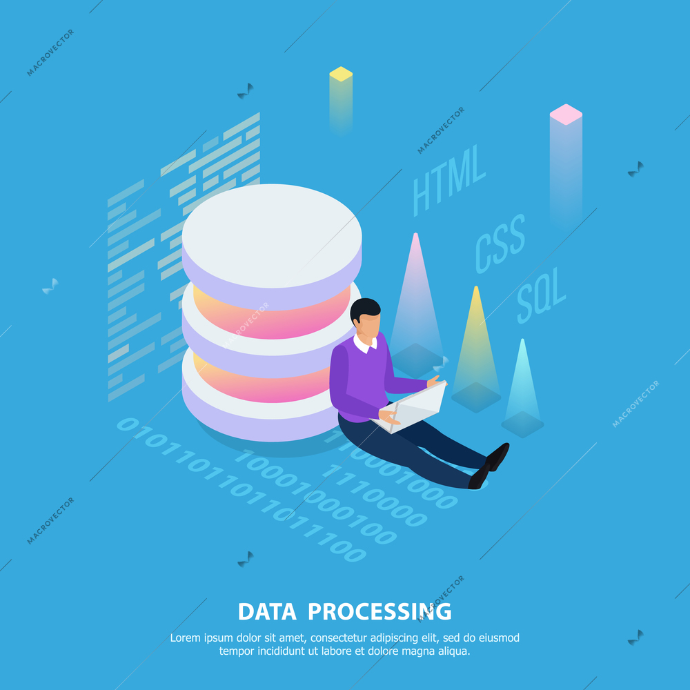 Freelance programming isometric background composition with graph digits text and human character with editable text vector illustration