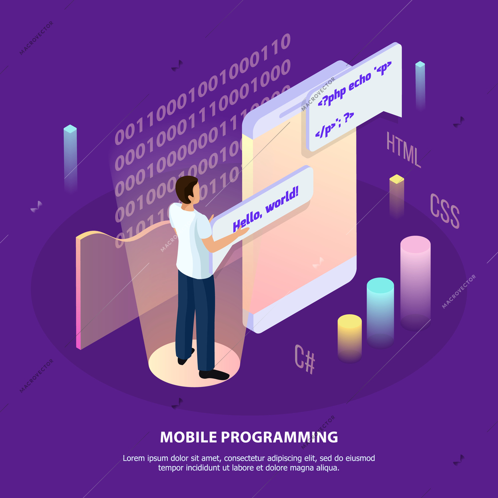 Freelance programming isometric background composition with human character and interactive interface with infographic icons and text vector illustration