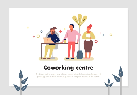 Coworking centre with people working online symbols flat vector Illustration
