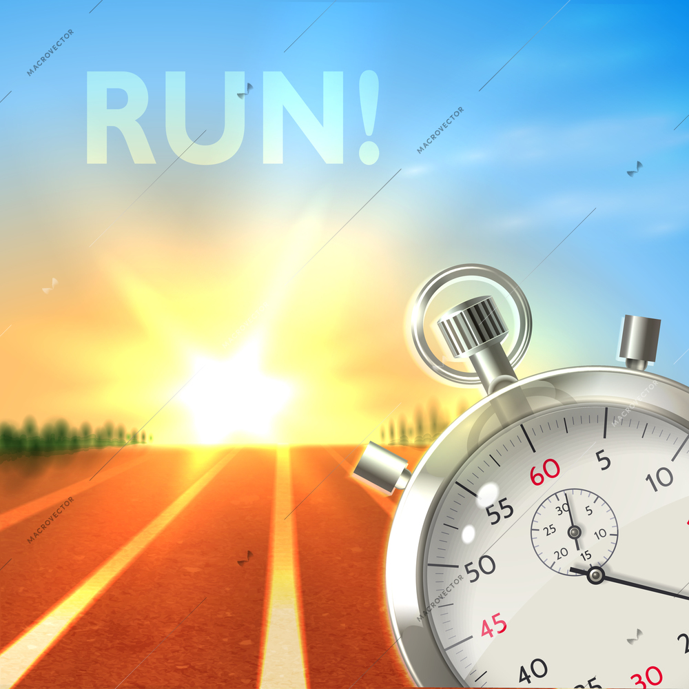 Realistic metallic stopwatch and running track sport poster illustration