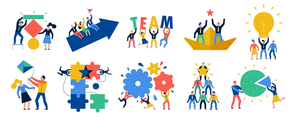 Teamwork icons set with ideas and brainstorming symbols flat isolated vector illustration