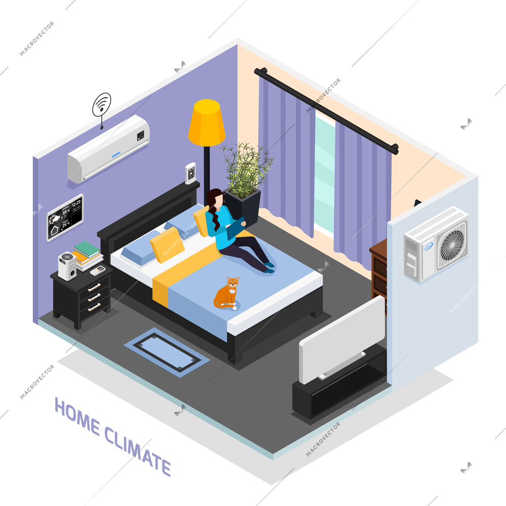 Home climate remote controlled system isometric composition with sleeping room interior weather station air conditioner vector illustration