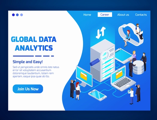 Global data analytics professionals home page glow isometric website design with cloud wireless access technologies vector illustration