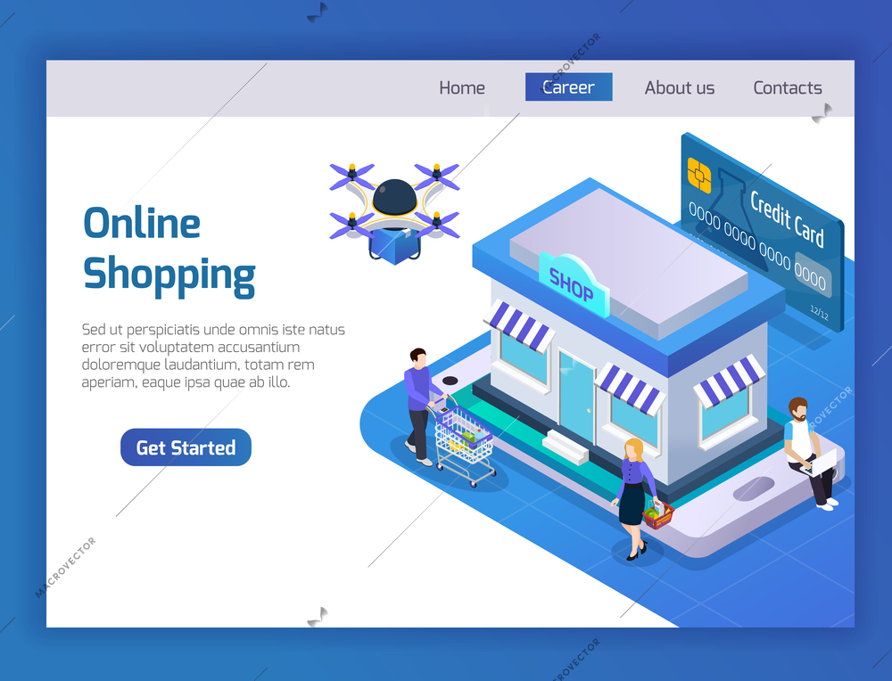 E-commerce online shopping home page glow isometric website design with credit card payment drone delivery vector illustration