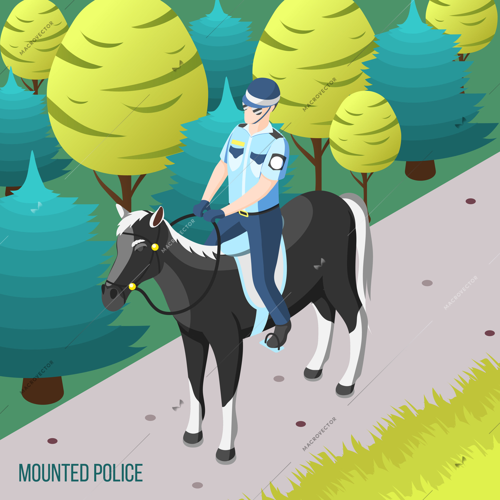 Mounted police isometric background with policeman patrolling city park on horseback vector illustration