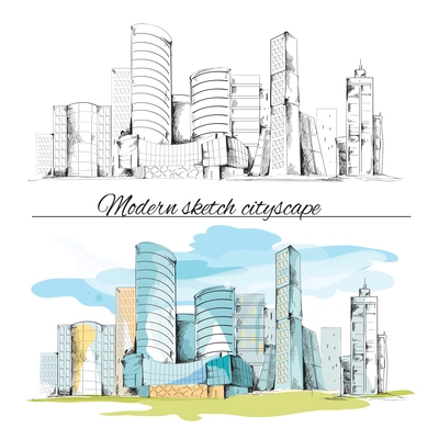 Modern urban sketch building hand drawn cityscape set vector illustration