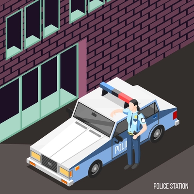 Police station isometric background with female character in policeman uniform standing near police car with flashing lights vector illustration
