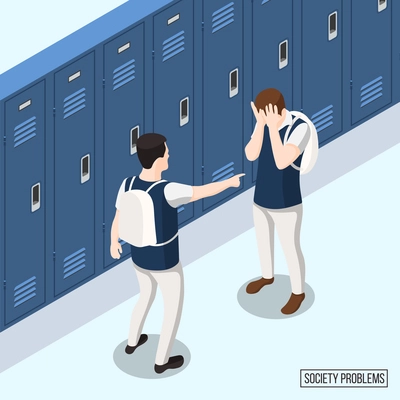 Society problems isometric composition with two teens swearing in school locker room vector illustration