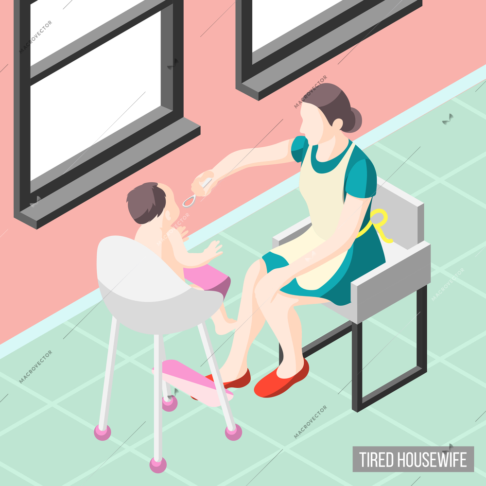 Tortured housewife isometric background with mother nursing her little child vector illustration