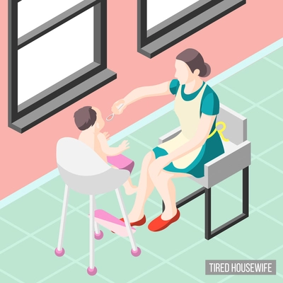 Tortured housewife isometric background with mother nursing her little child vector illustration