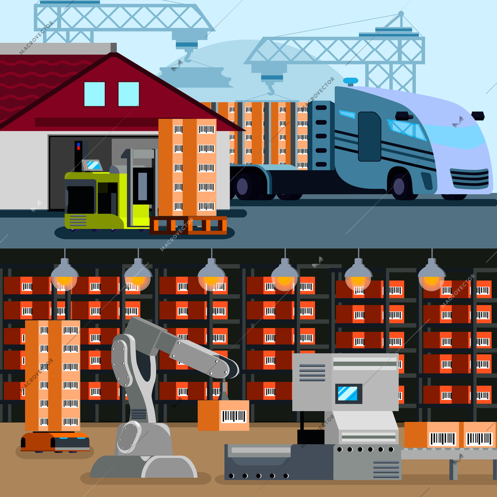 Automated warehouse inside and outside flat compositions with truck and store room robots isolated vector illustration