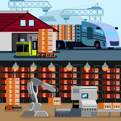 Automated warehouse inside and outside flat compositions with truck and store room robots isolated vector illustration