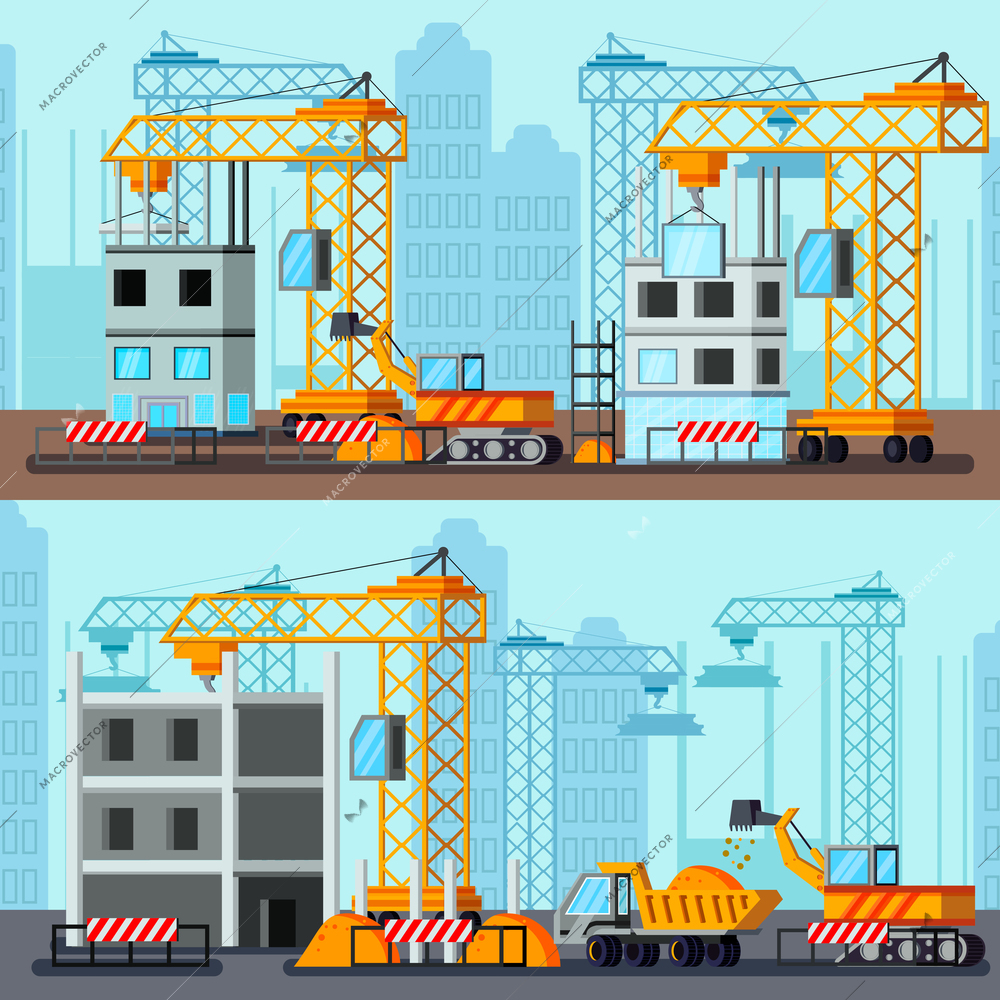 Sky scraper construction flat compositions with building site of tall houses on city background vector illustration