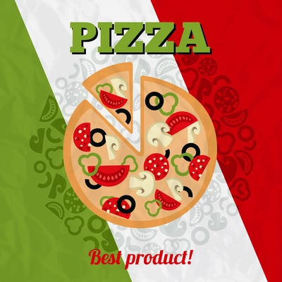 Pizzeria advertising poster with Italian flag background vector illustration