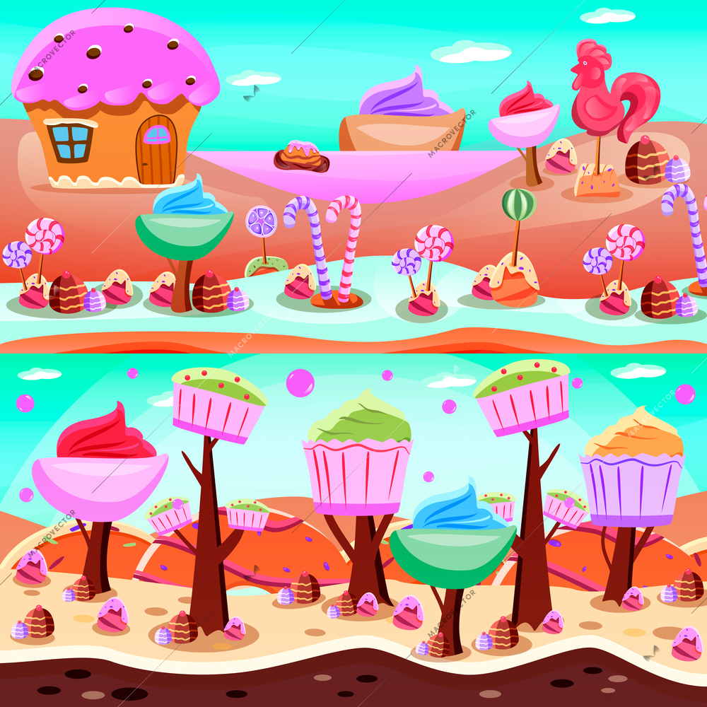 Fairy tale candy land flat compositions with sweet lake and forest from cupcakes isolated vector illustration