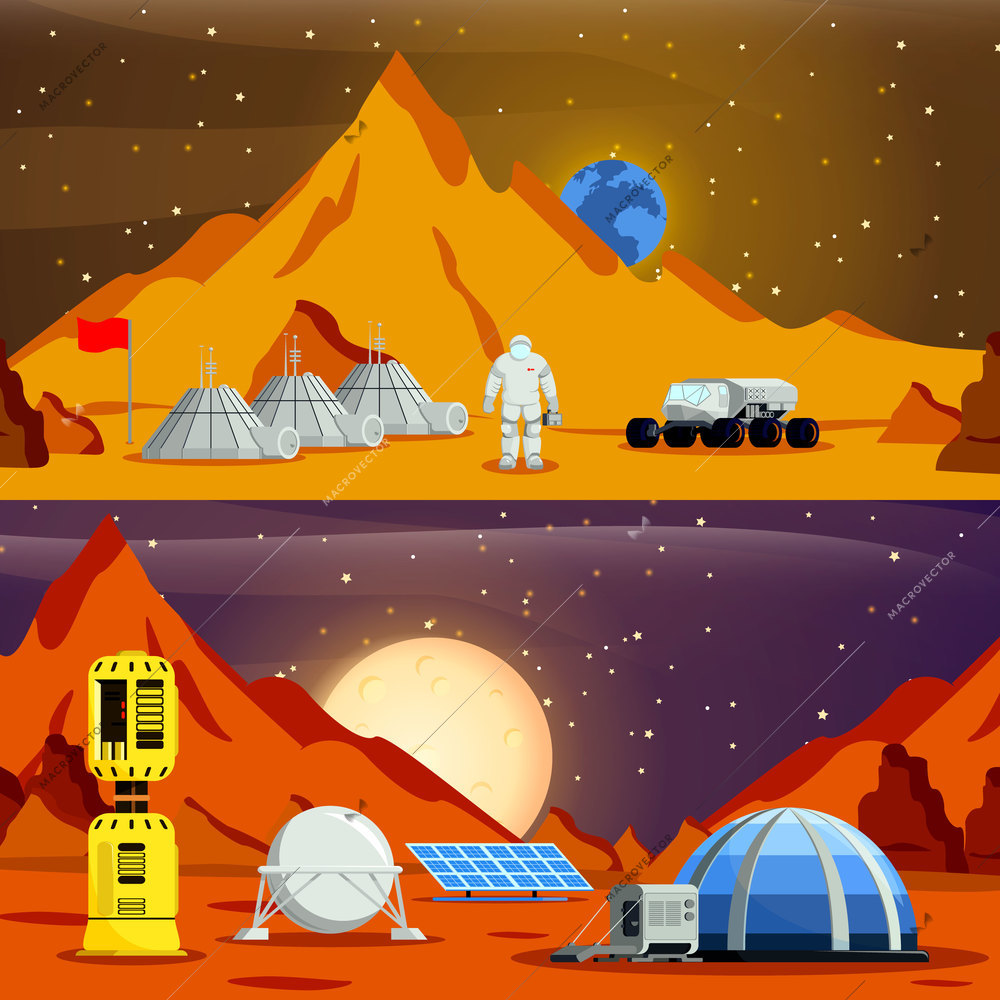 Planet colonization compositions with astronaut base module solar green house and space rover isolated flat vector illustration