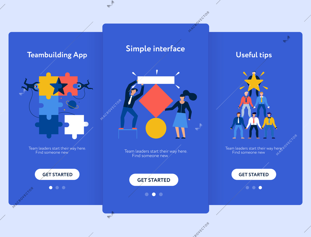Teamwork mobile screen set with interface and tips symbols flat isolated vector illustration