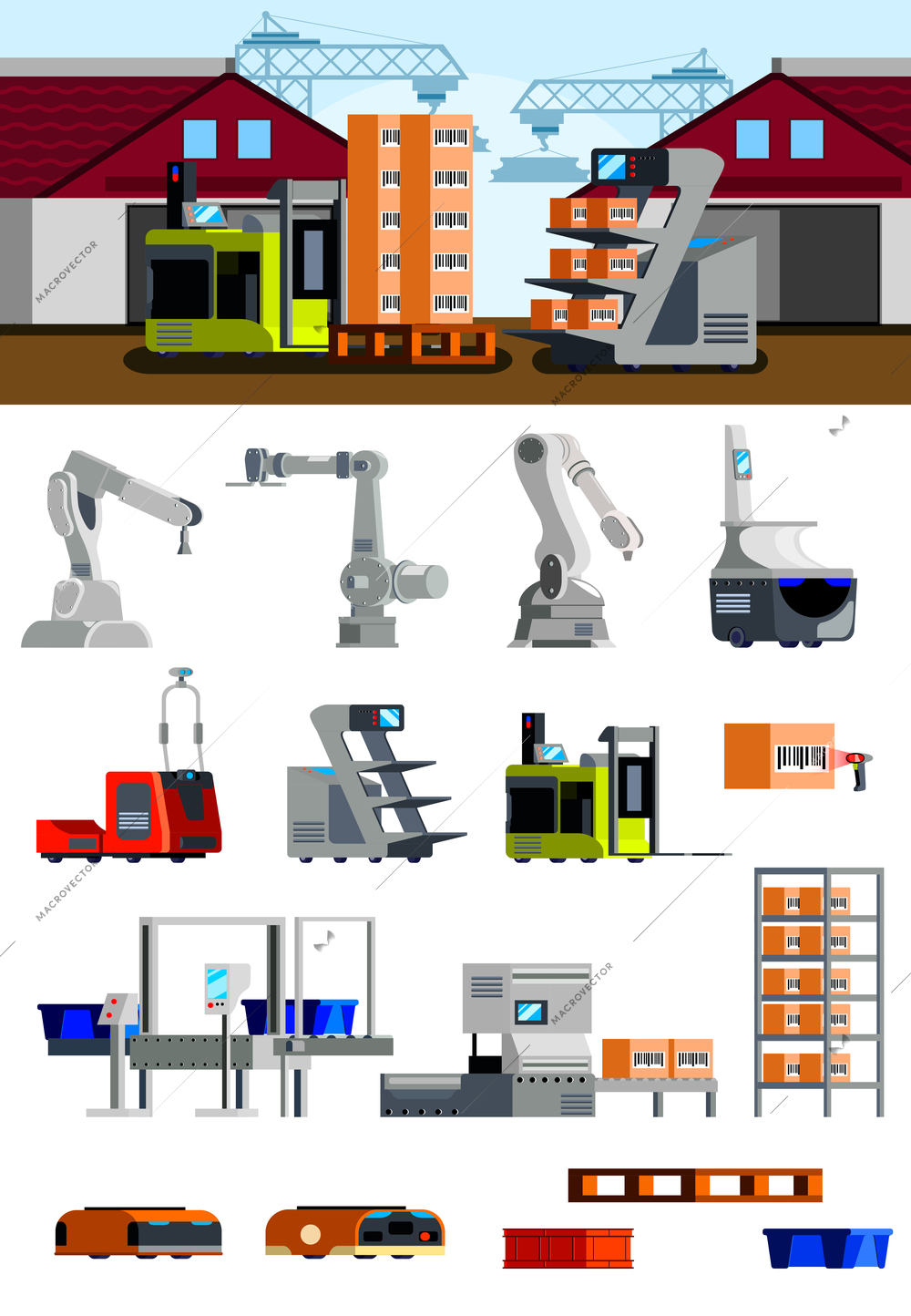 Warehouse robots flat icons with automated loaders mechanical arms and equipment for bar coding isolated vector illustration