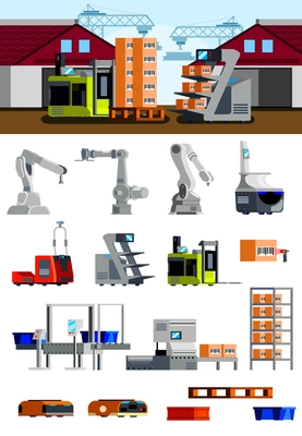 Warehouse robots flat icons with automated loaders mechanical arms and equipment for bar coding isolated vector illustration