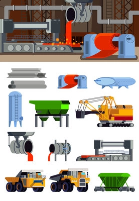 Steel production foundry equipment machinery for ore mining and transportation set of flat icons isolated vector illustration