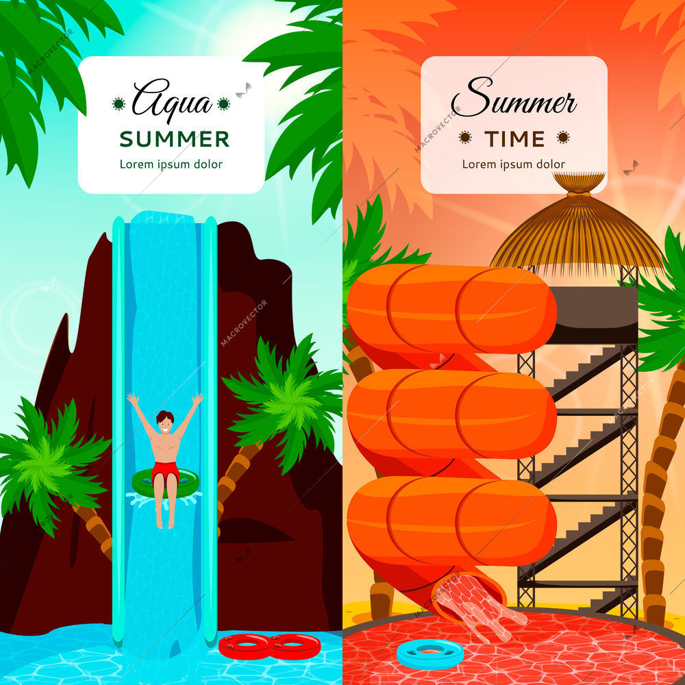 Aqua park flat vertical compositions with entertaining water slides and palm trees isolated vector illustration