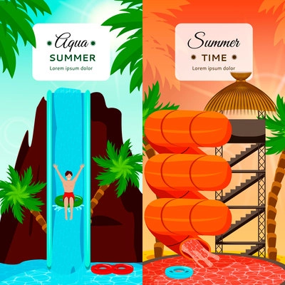 Aqua park flat vertical compositions with entertaining water slides and palm trees isolated vector illustration