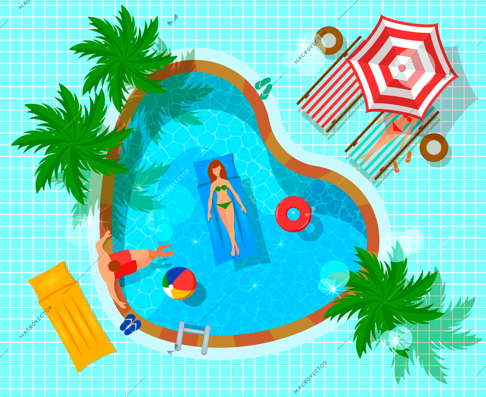 Swimming pool top view with human characters during leisure flat composition on tiled blue background vector illustration