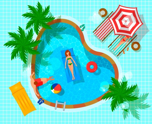 Swimming pool top view with human characters during leisure flat composition on tiled blue background vector illustration