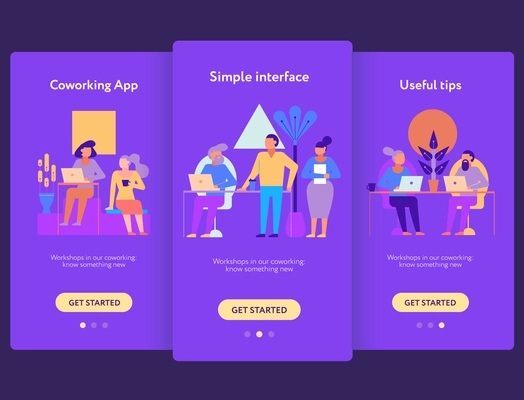 Coworking mobile screen set with interface and tips symbols flat isolated vector illustration