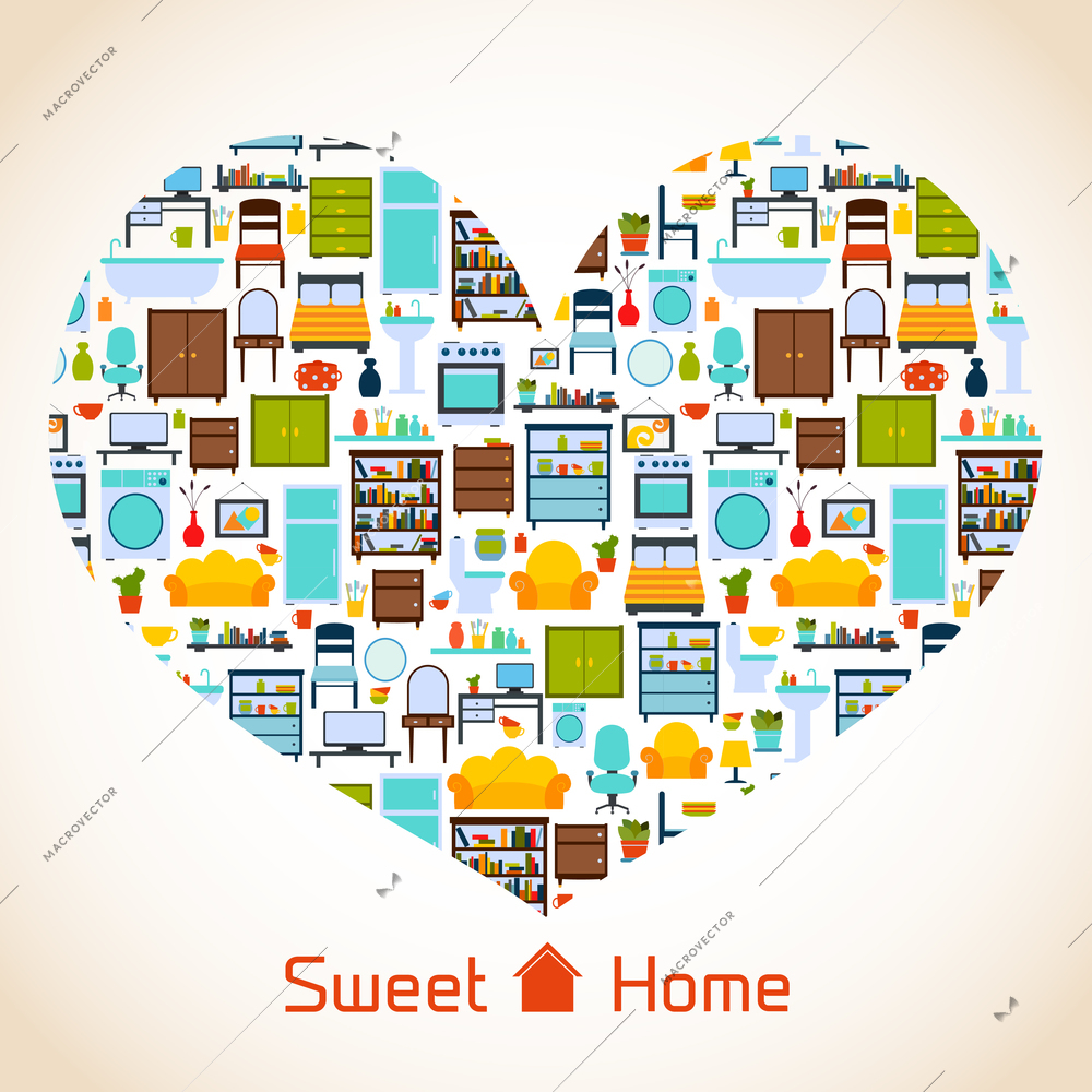 Interior furniture sweet home concept with icons in heart shape vector illustration