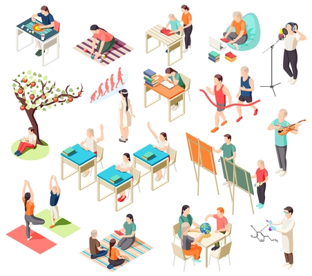 Alternative education isometric icons collection with isolated images of deschooling situations with human characters of pupils vector illustration