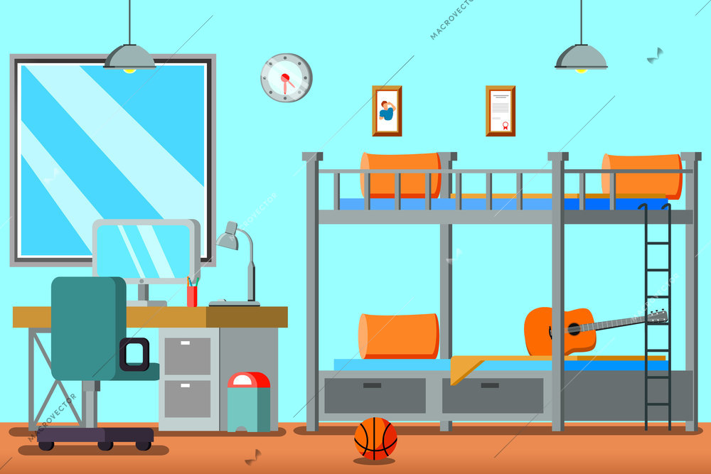 Teen room for boy flat composition with bunk bed desk with computer pictures on wall vector illustration