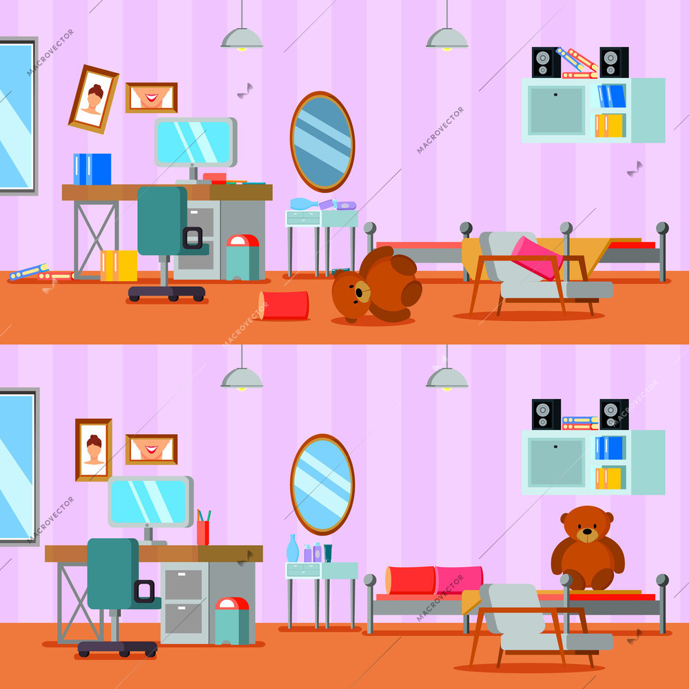 Untidy and cleaned teen room of girl in lilac orange color flat compositions isolated vector illustration