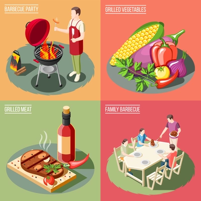 Grill bbq party isometric 2x2 design concept with different serving examples for barbecue food with people vector illustration