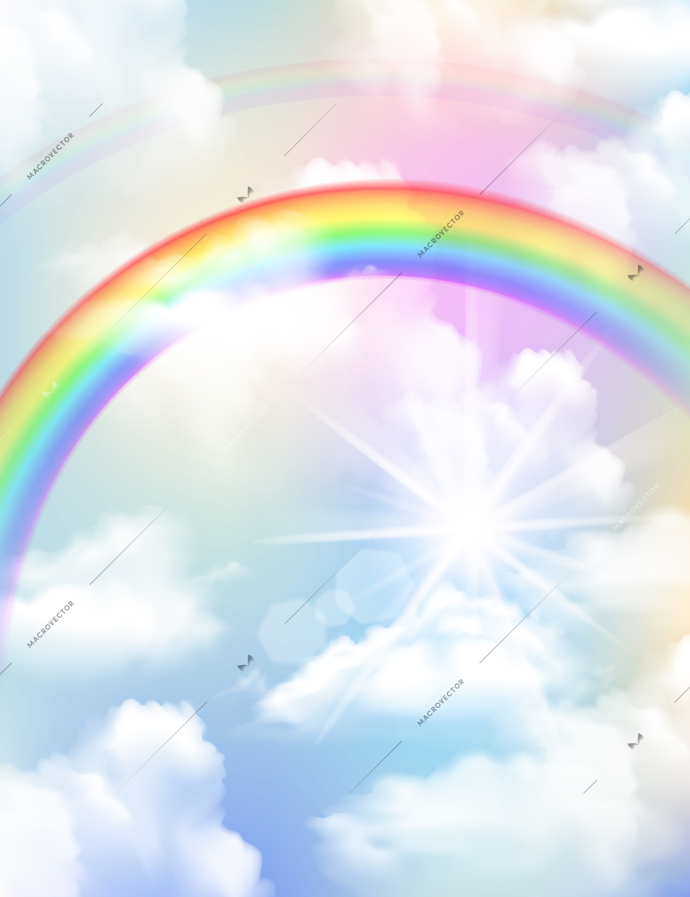 Bright colored rainbow clouds and sky realistic composition vector illustration