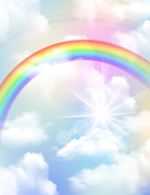 Bright colored rainbow clouds and sky realistic composition vector illustration