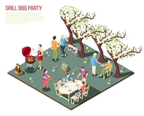 Grill bbq party isometric composition with big family members having rest outdoors with editable text description vector illustration