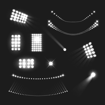 Stadium lights realistic black white set isolated vector illustration